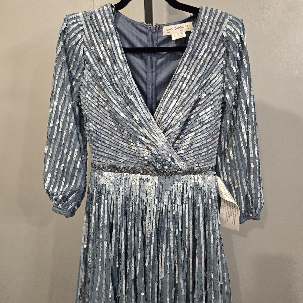 NEW MAC DUGGAL 5509 $598 SLATE BLUE SEQUINED 3/4 SLEEVE TULLE LONG GOWN Size 4 - Picture 6 of 12